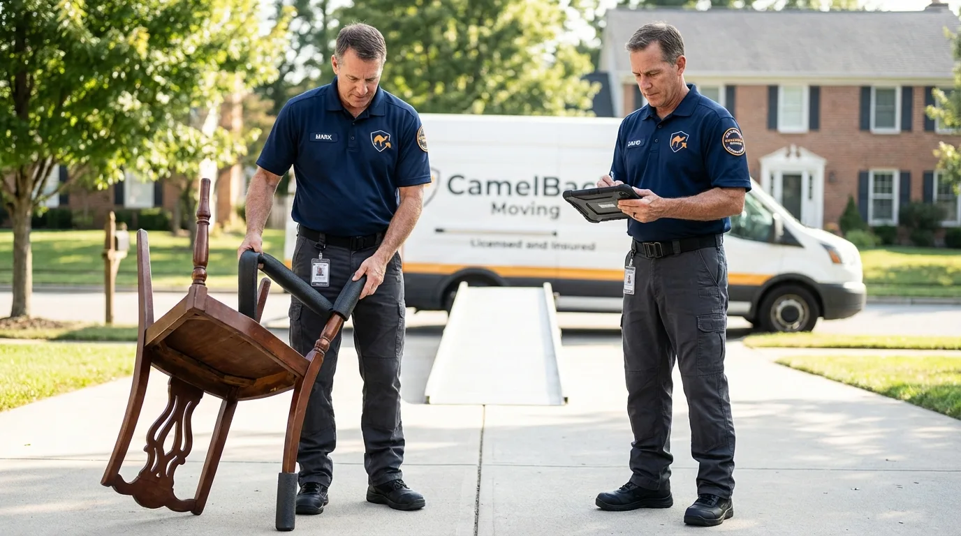 Movers inspecting furniture for damage prevention before loading in Cressona, PA