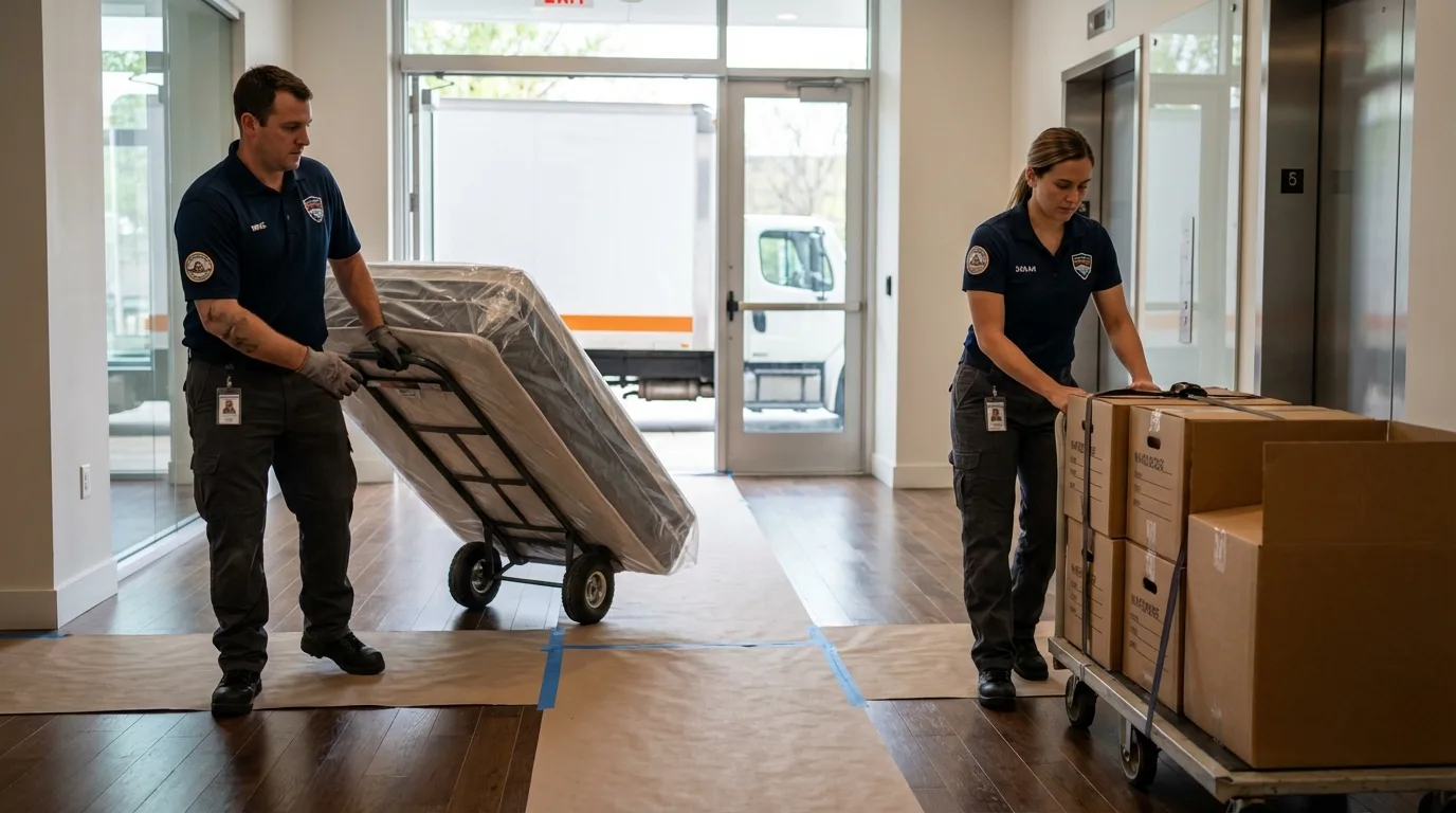 Professional apartment movers loading elevator in Cressona, PA